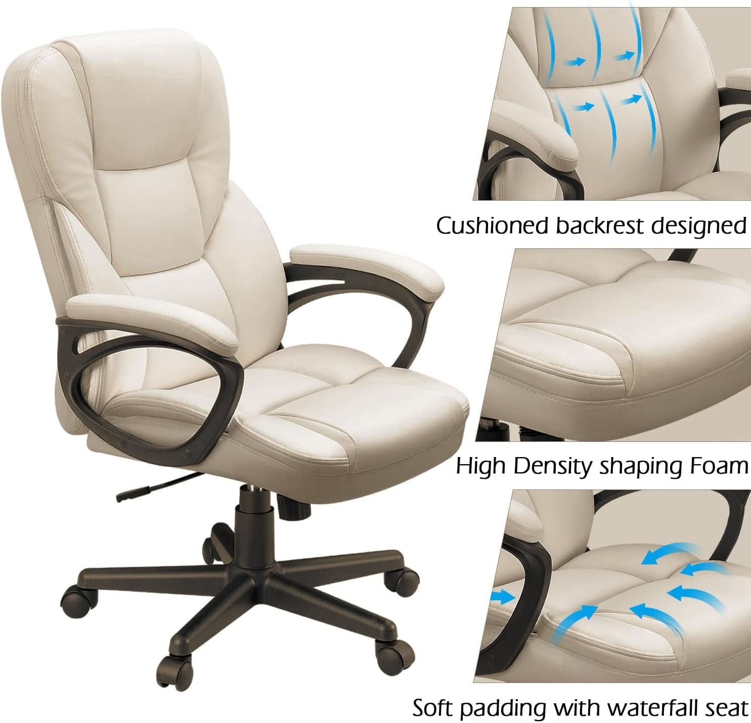 Beige High Back Office Chair With Adjustable Height And Lumbar Support