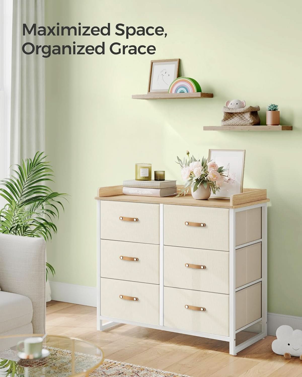 Beige Kids Dresser With 6 Drawers Anti Tip Safety Storage Chest