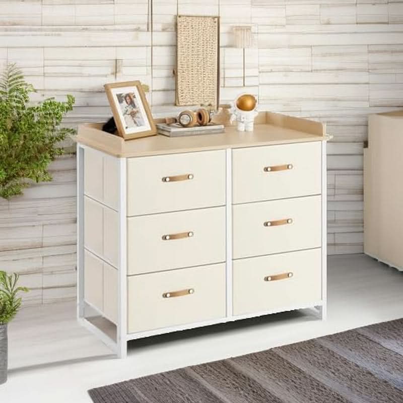 Beige Kids Dresser With 6 Drawers Anti Tip Safety Storage Chest