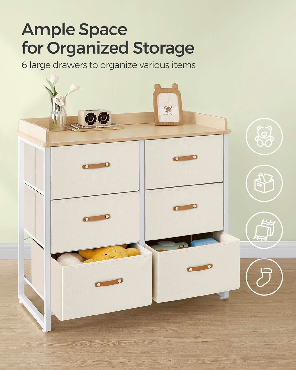 Beige Kids Dresser With 6 Drawers Anti Tip Safety Storage Chest