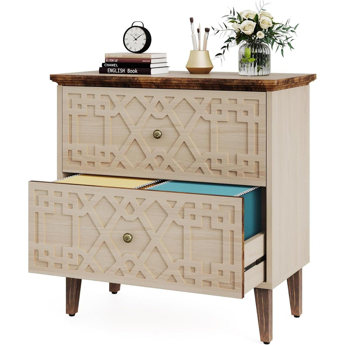 Beige Lateral File Cabinet With 2 Drawers For Office