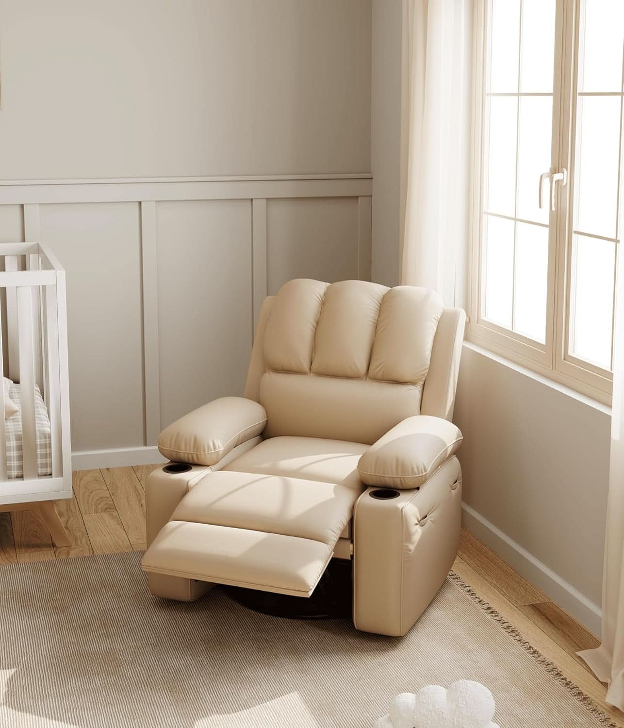 Beige Leather Manual Recliner Chair With Cup Holders