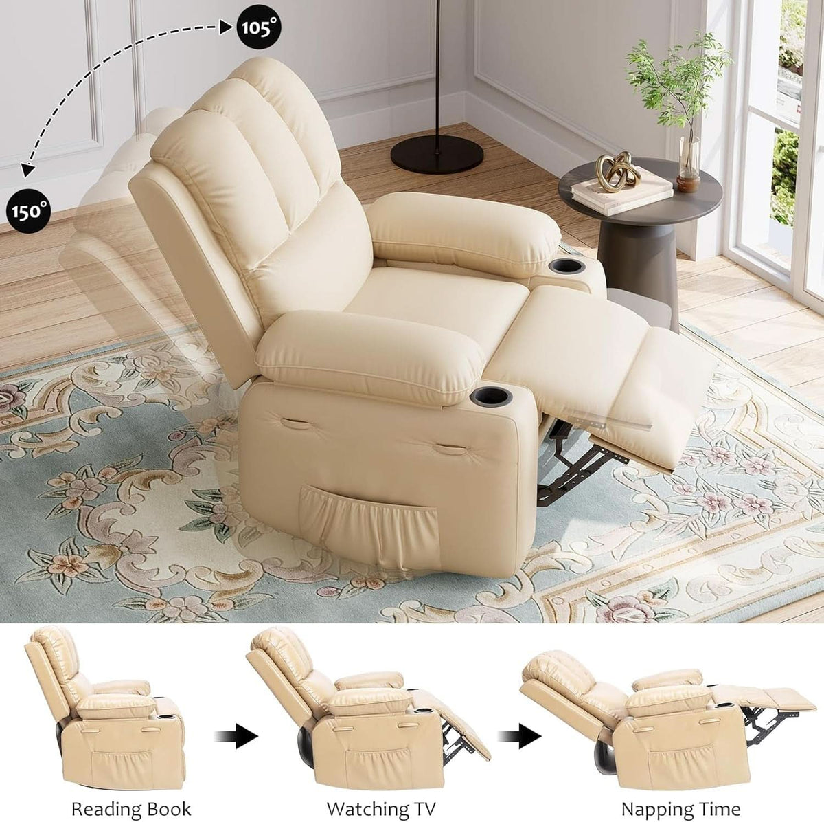 Beige Leather Manual Recliner Chair With Cup Holders