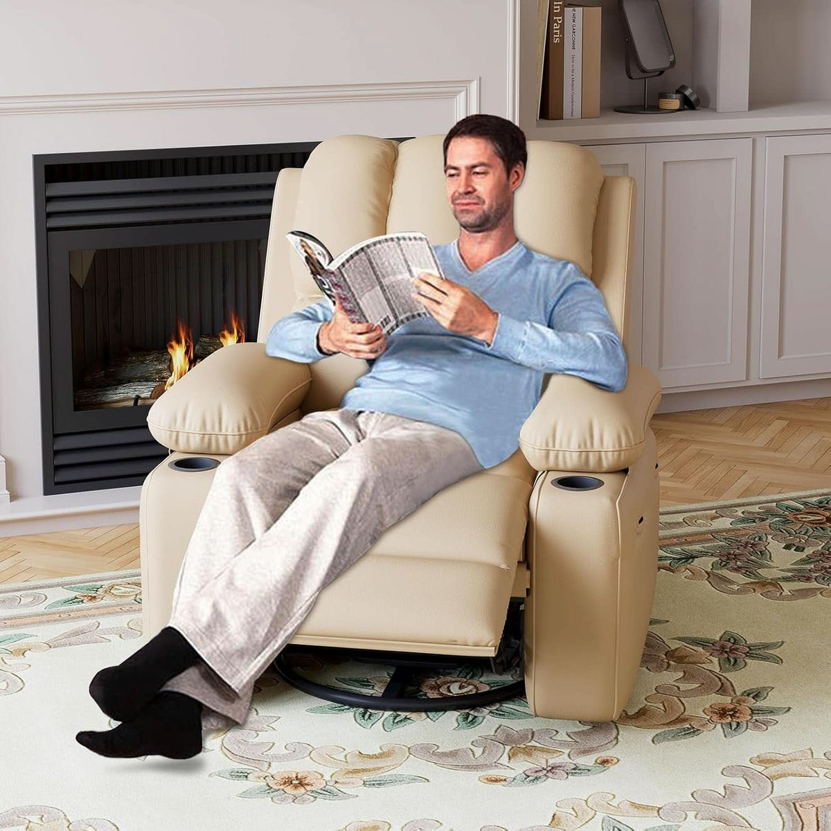 Beige Leather Manual Recliner Chair With Cup Holders