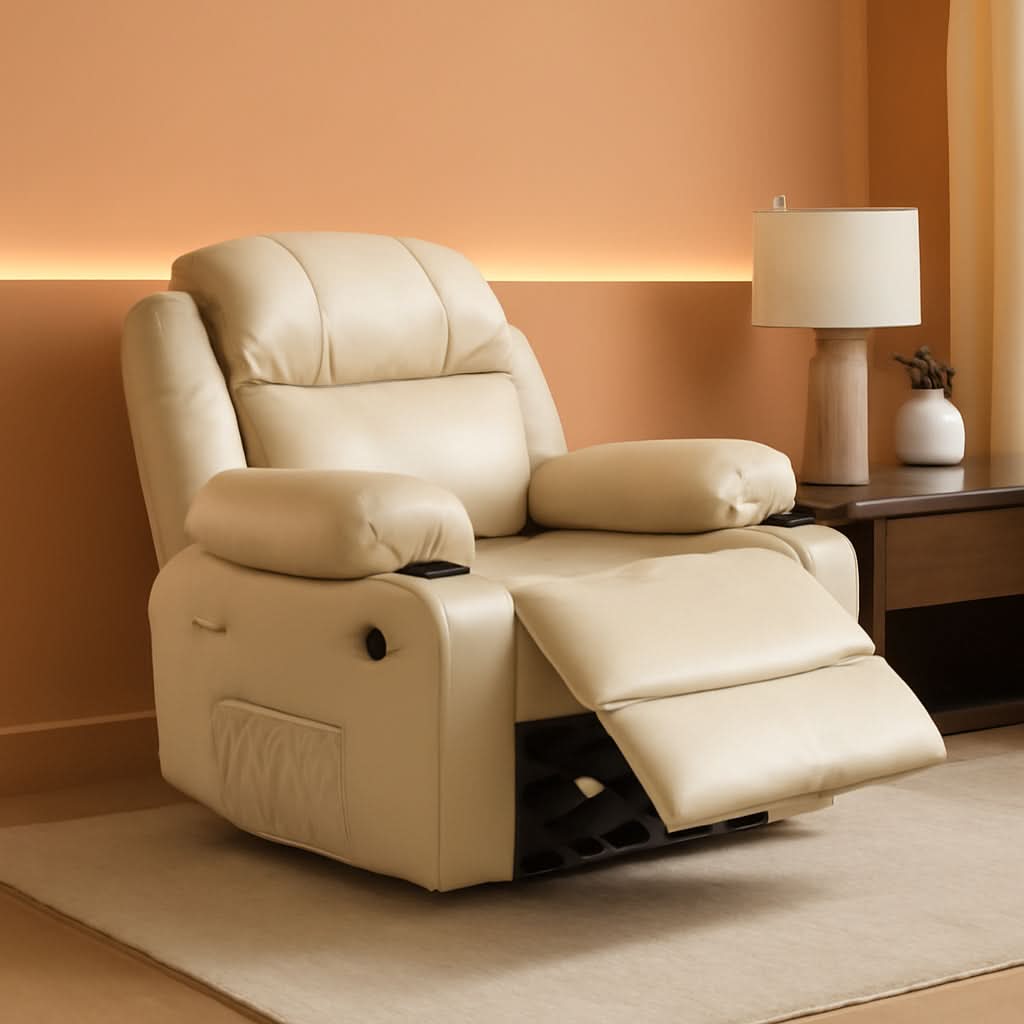 Beige Leather Manual Recliner Chair With Cup Holders