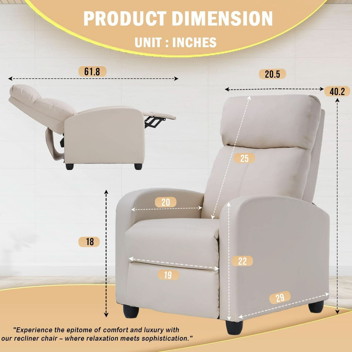 Beige Leather Recliner Chair With Lumbar Support For Home