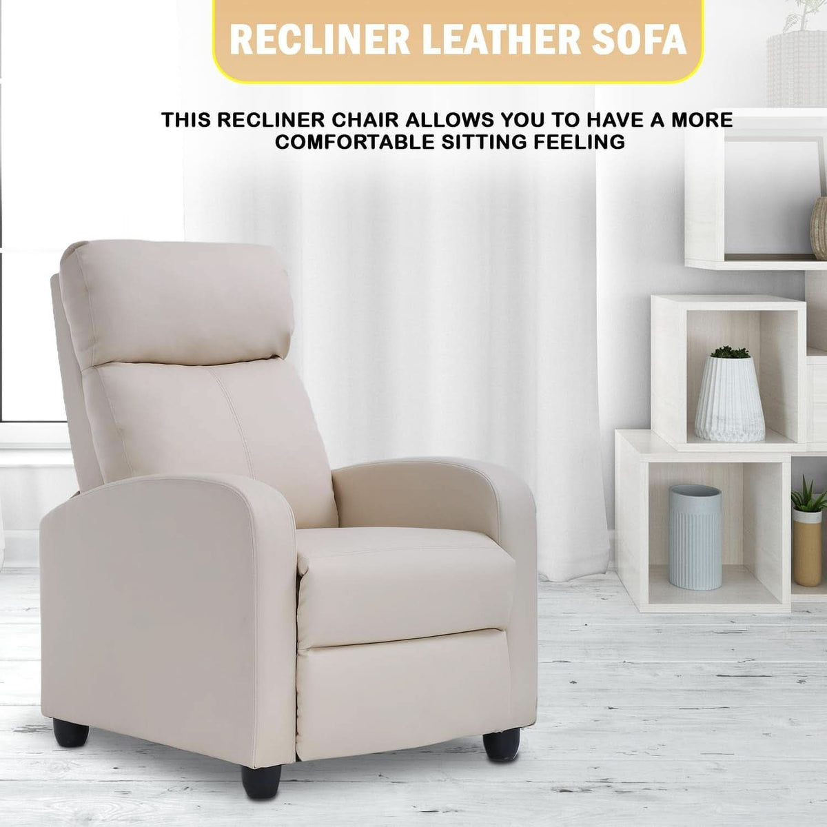 Beige Leather Recliner Chair With Lumbar Support For Home