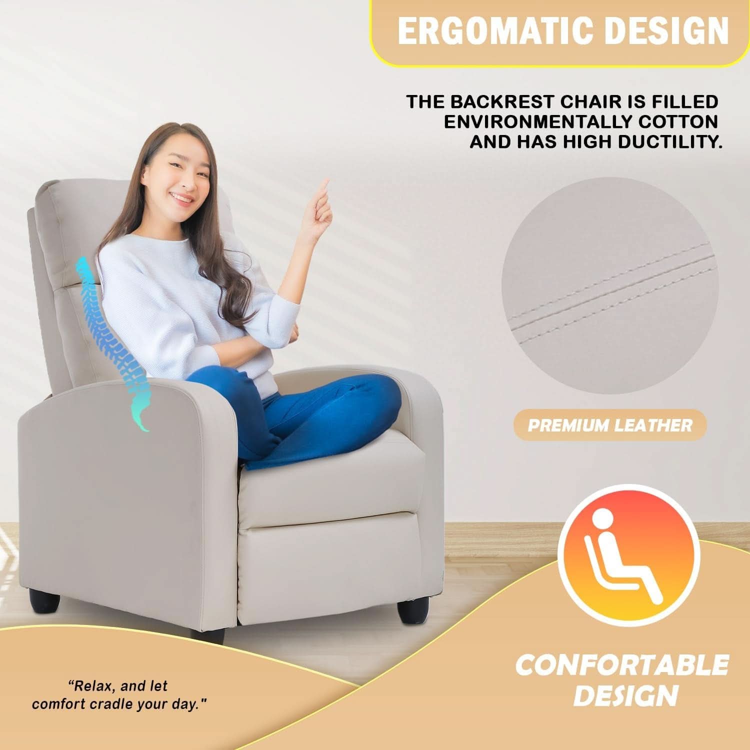 Beige Leather Recliner Chair With Lumbar Support For Home