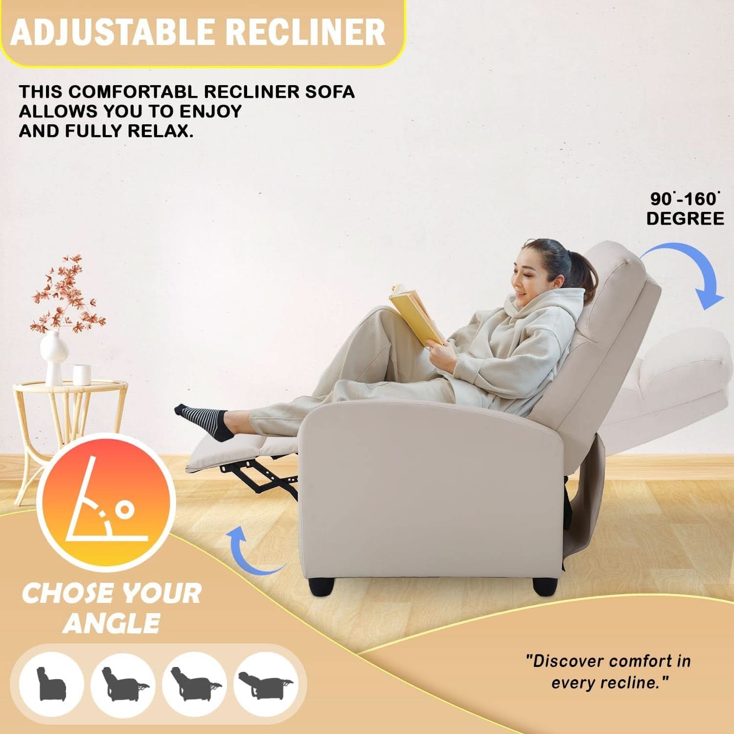 Beige Leather Recliner Chair With Lumbar Support For Home