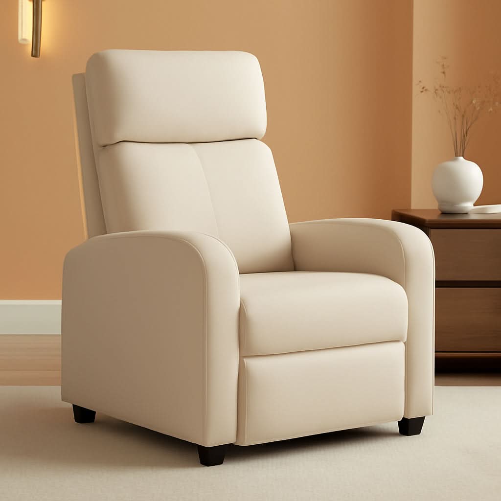 Beige Leather Recliner Chair With Lumbar Support For Home