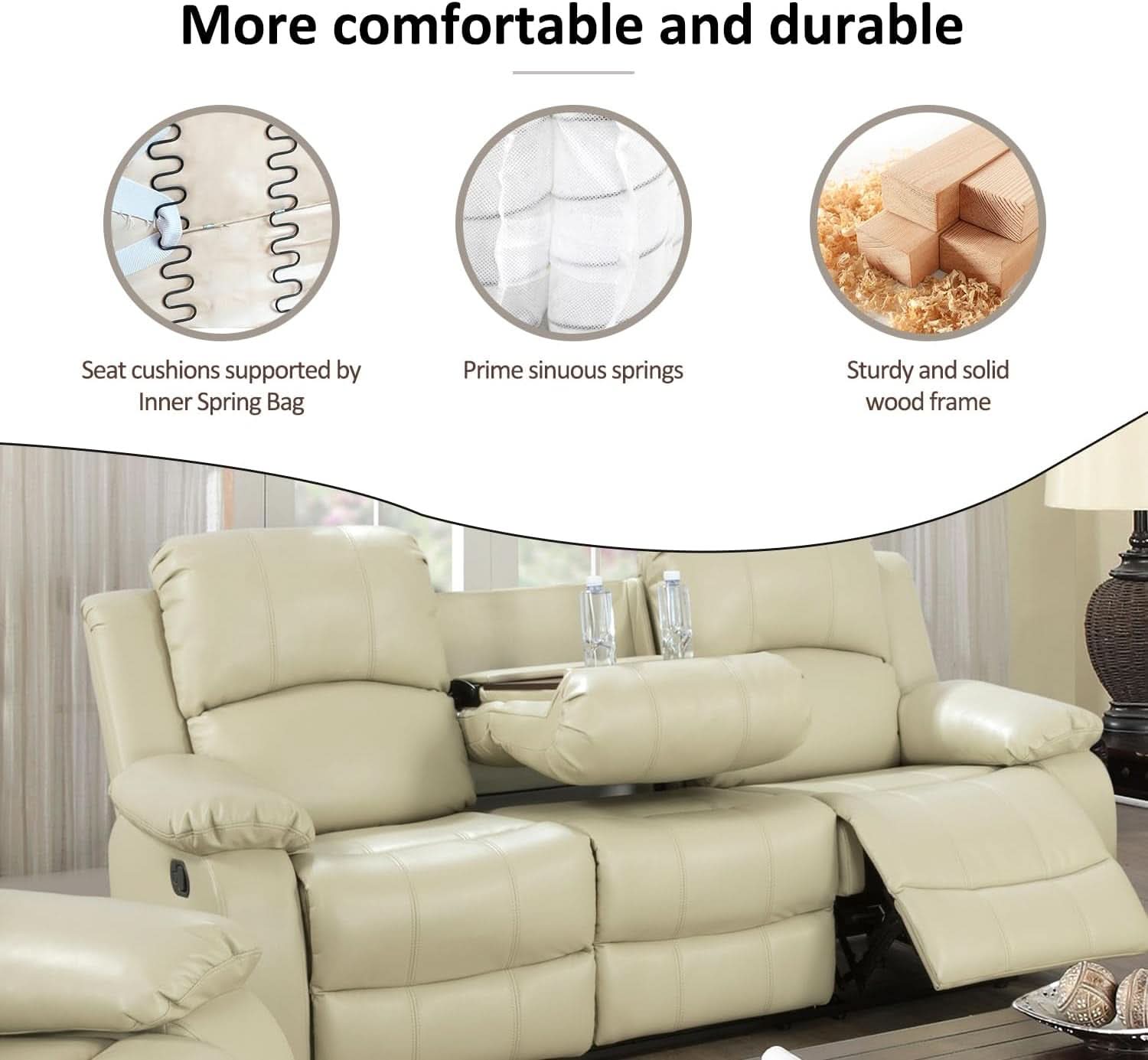 Beige Leather Recliner Sofa Set With Built In Coffee Table