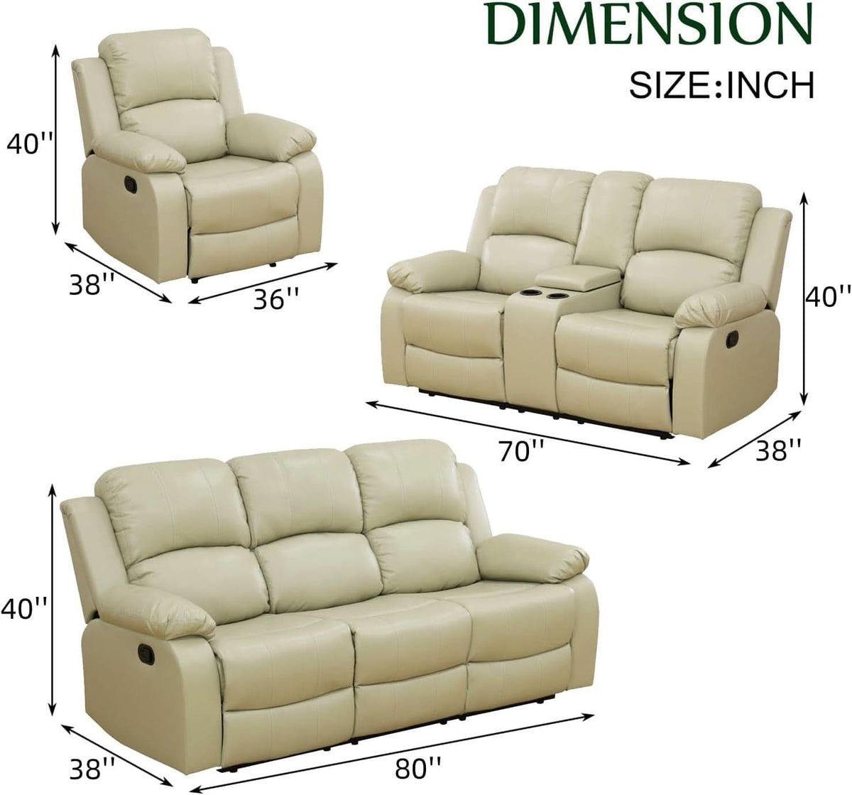 Beige Leather Recliner Sofa Set With Storage And Cup Holder