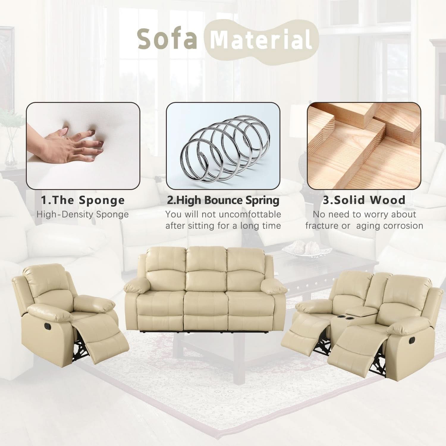 Beige Leather Recliner Sofa Set With Storage And Cup Holder