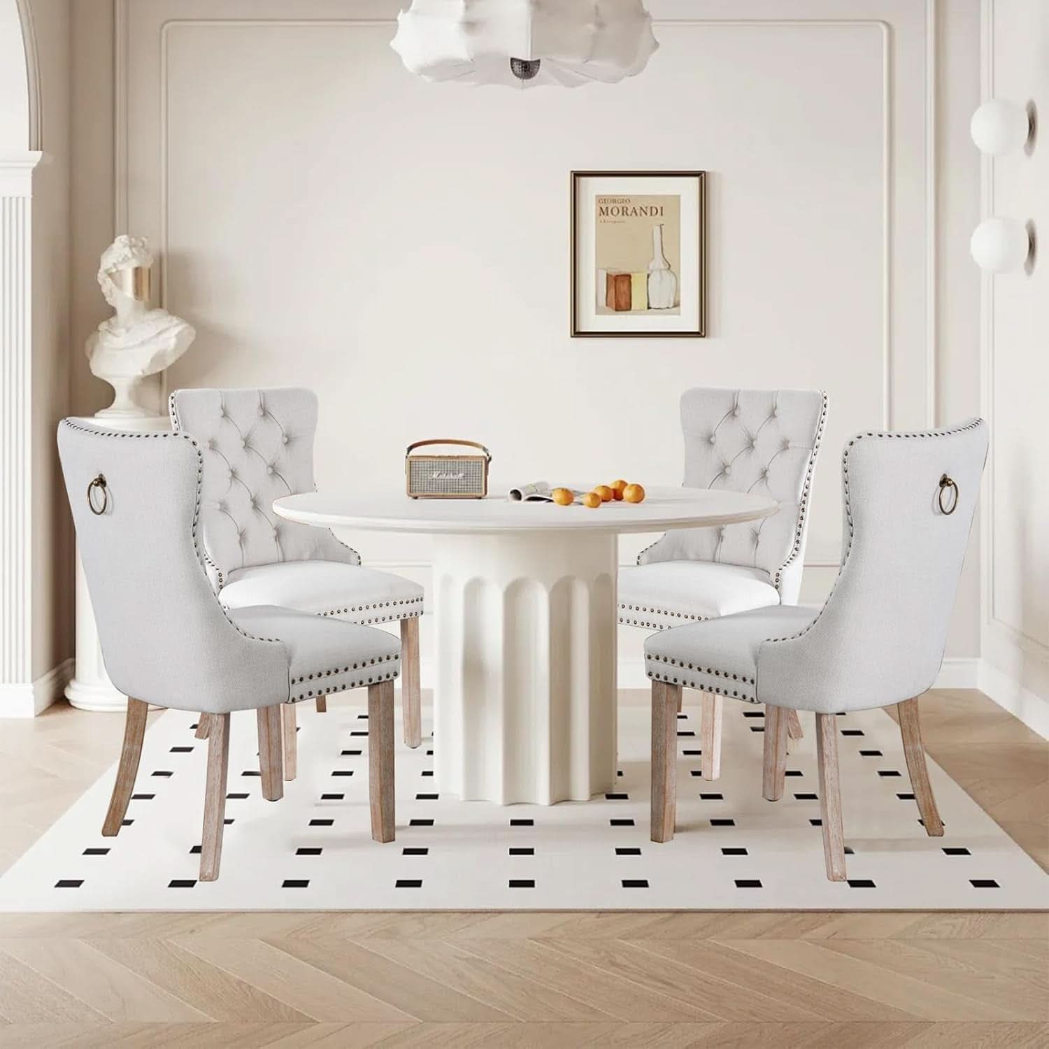Beige Linen Dining Chairs Set Of 4 With Nailhead Trim