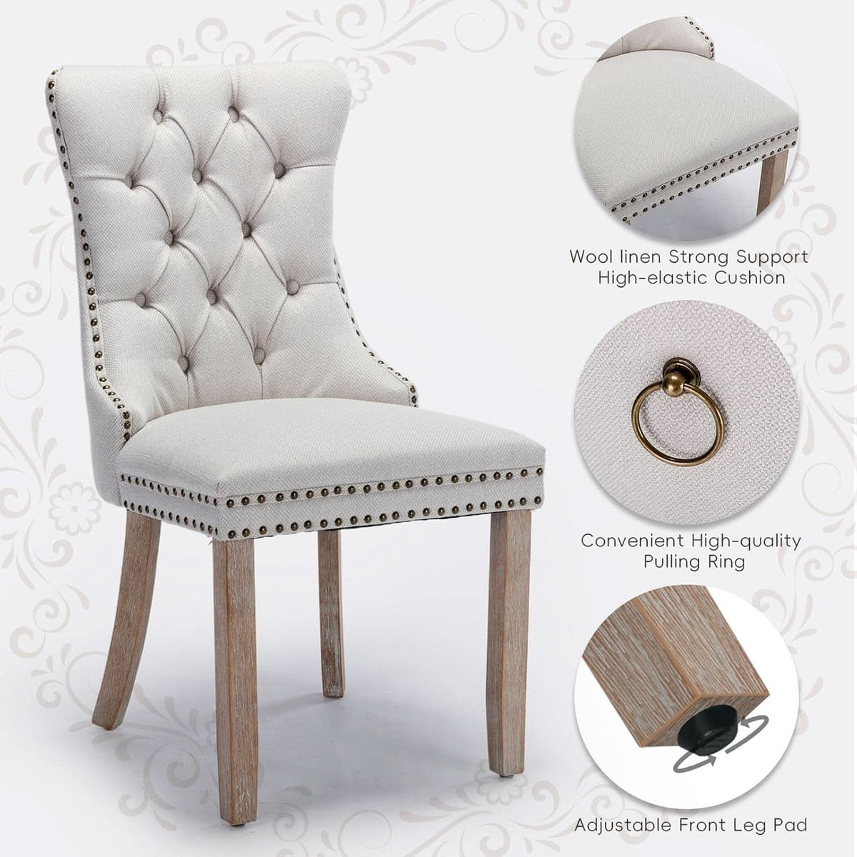 Beige Linen Dining Chairs Set Of 4 With Nailhead Trim