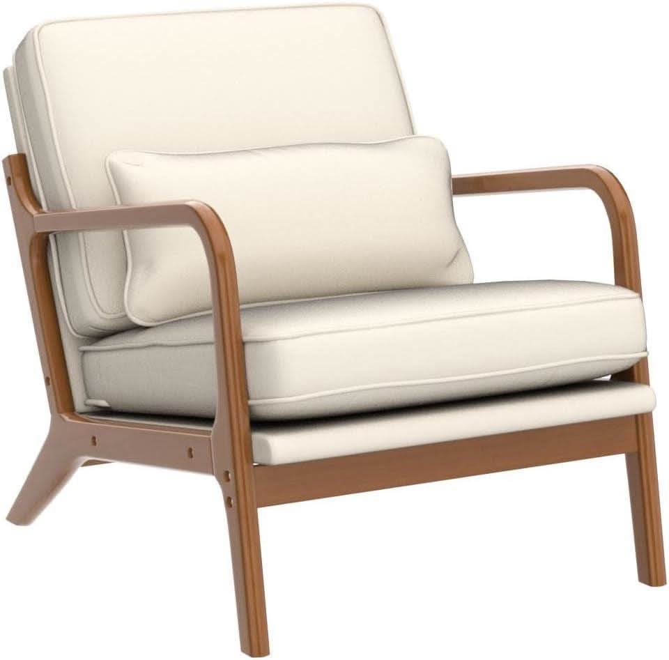 Beige Linen Fabric Mid Century Upholstered Accent Chair
