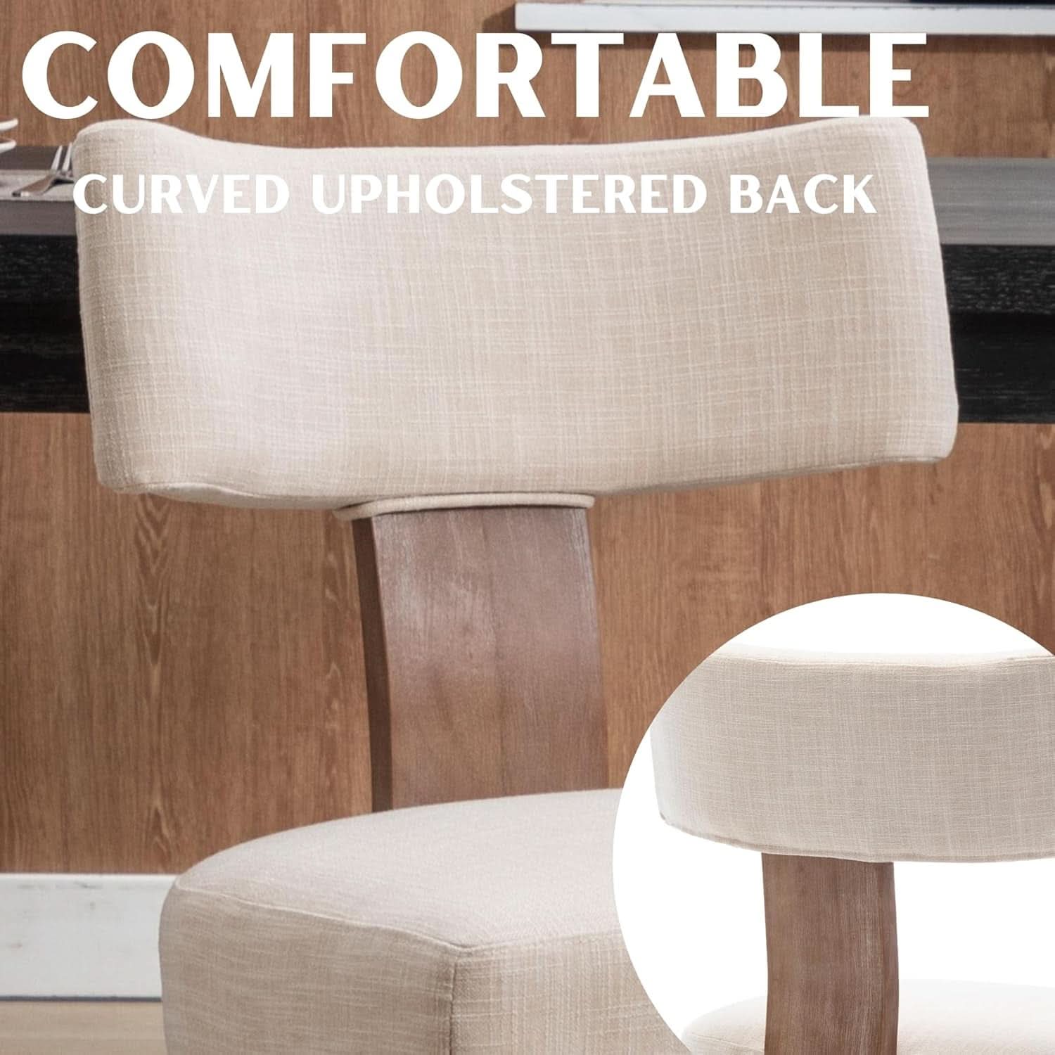 Beige Linen Fabric Upholstered Dining Chairs Curved Back