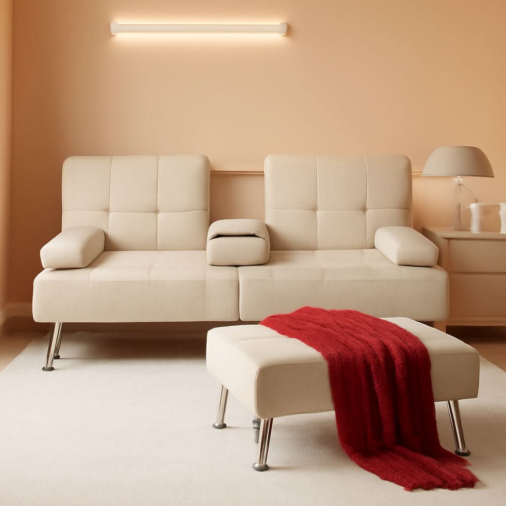 Beige Linen Folding Futon With Three Position Recline