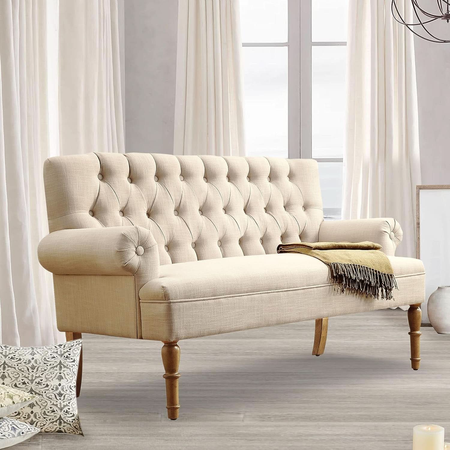 Beige Linen Loveseat Sofa With Sinuous Spring Support