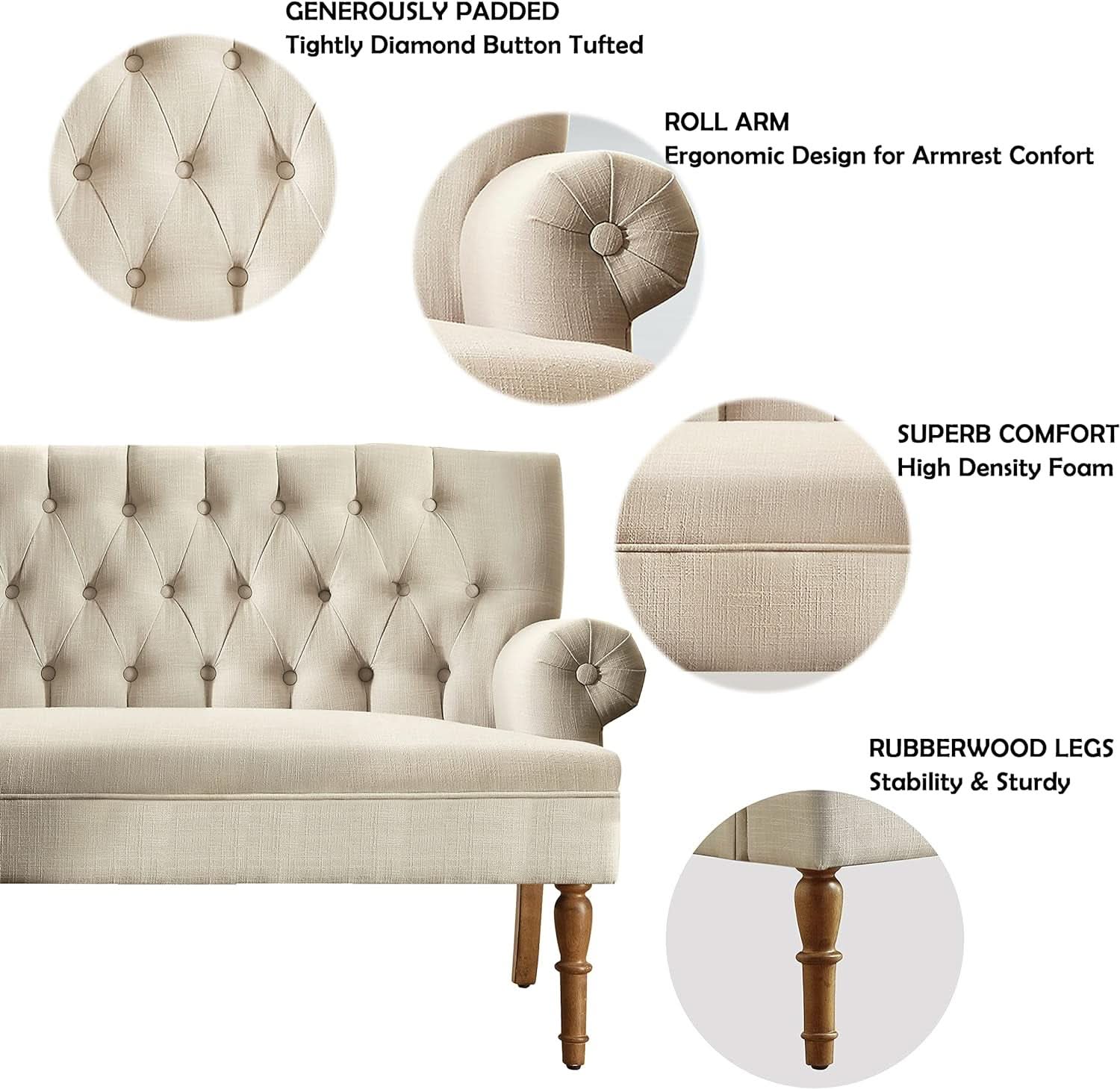 Beige Linen Loveseat Sofa With Sinuous Spring Support