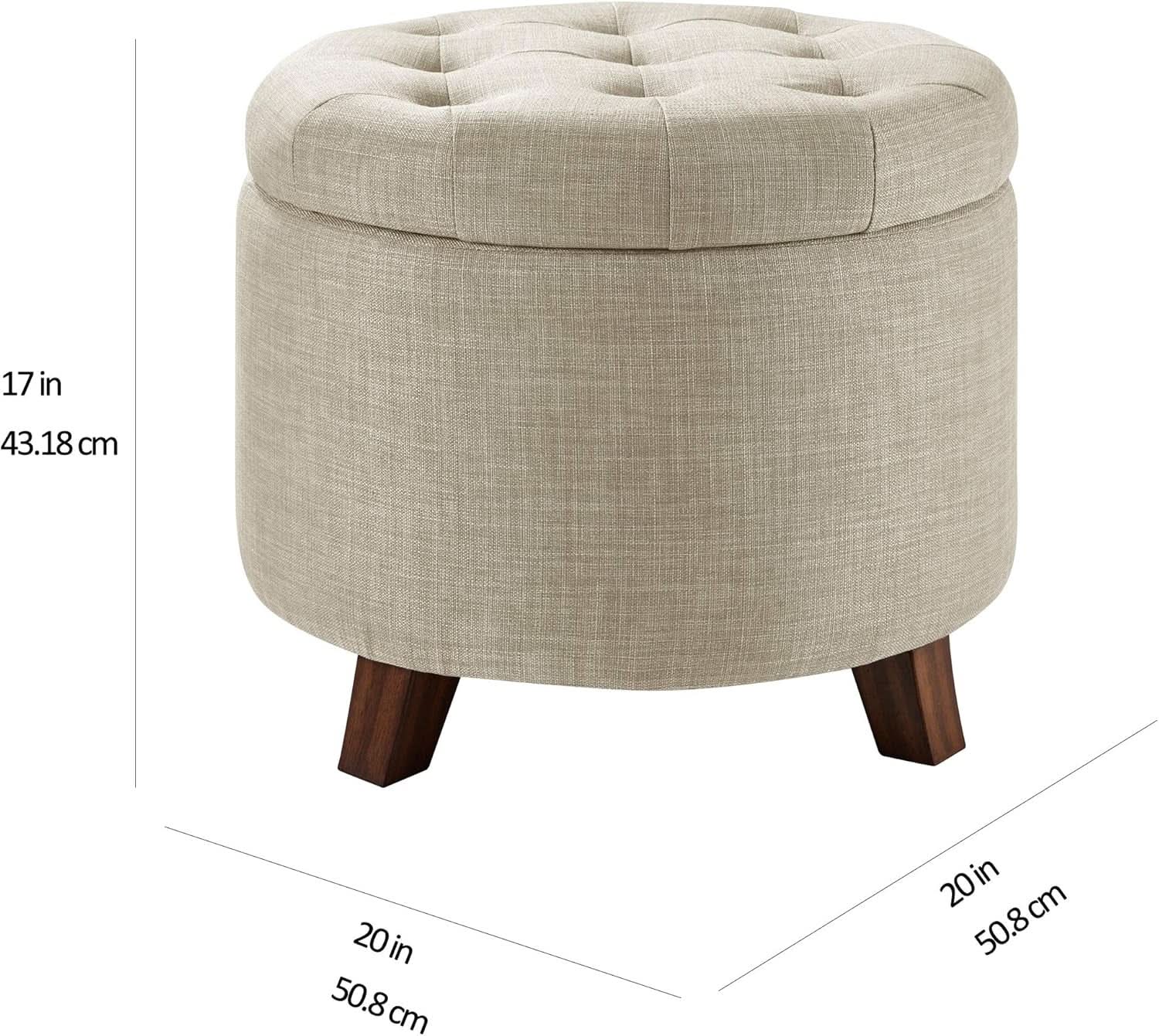 Beige Linen Round Storage Ottoman Featuring Tufting