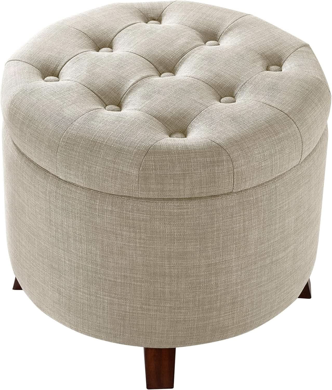 Beige Linen Round Storage Ottoman Featuring Tufting
