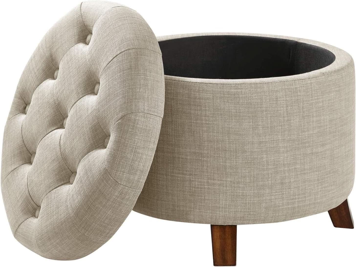 Beige Linen Round Storage Ottoman Featuring Tufting