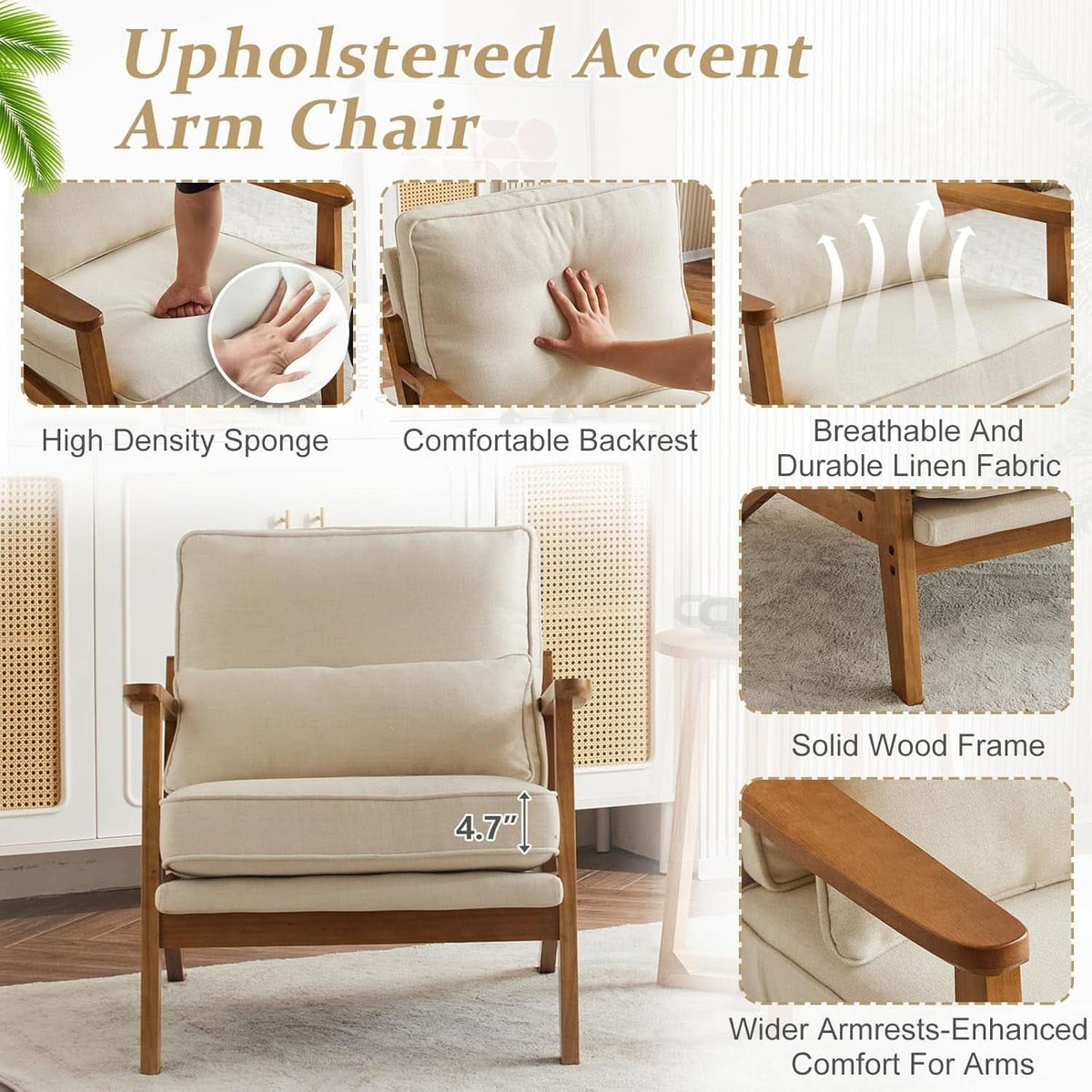 Beige Linen Upholstered Accent Chair Wide Armrests