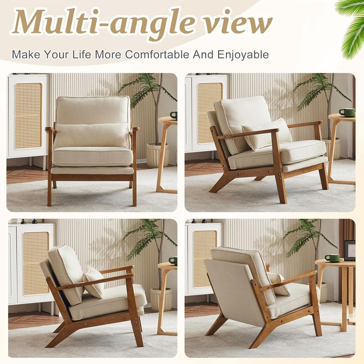 Beige Linen Upholstered Accent Chair Wide Armrests