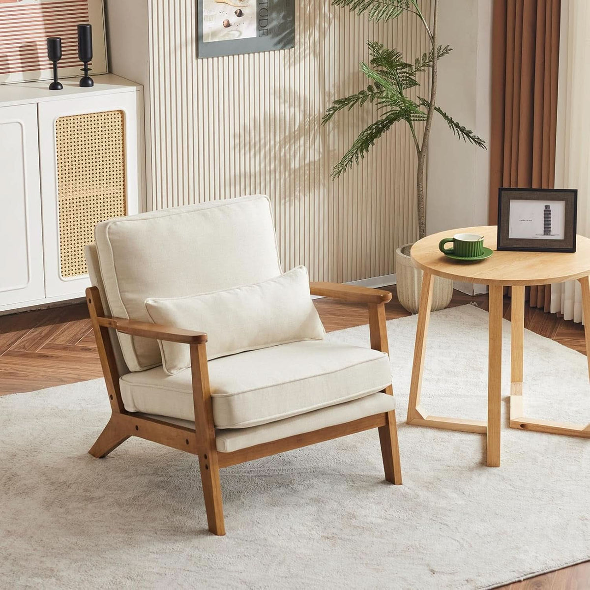 Beige Linen Upholstered Accent Chair Wide Armrests