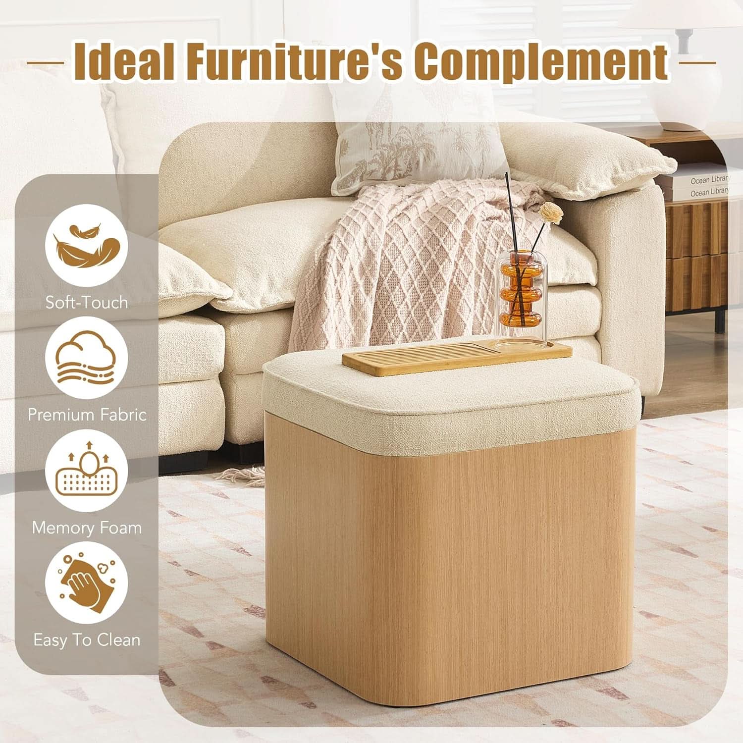 Beige Linen Upholstered Storage Ottoman With Footrest