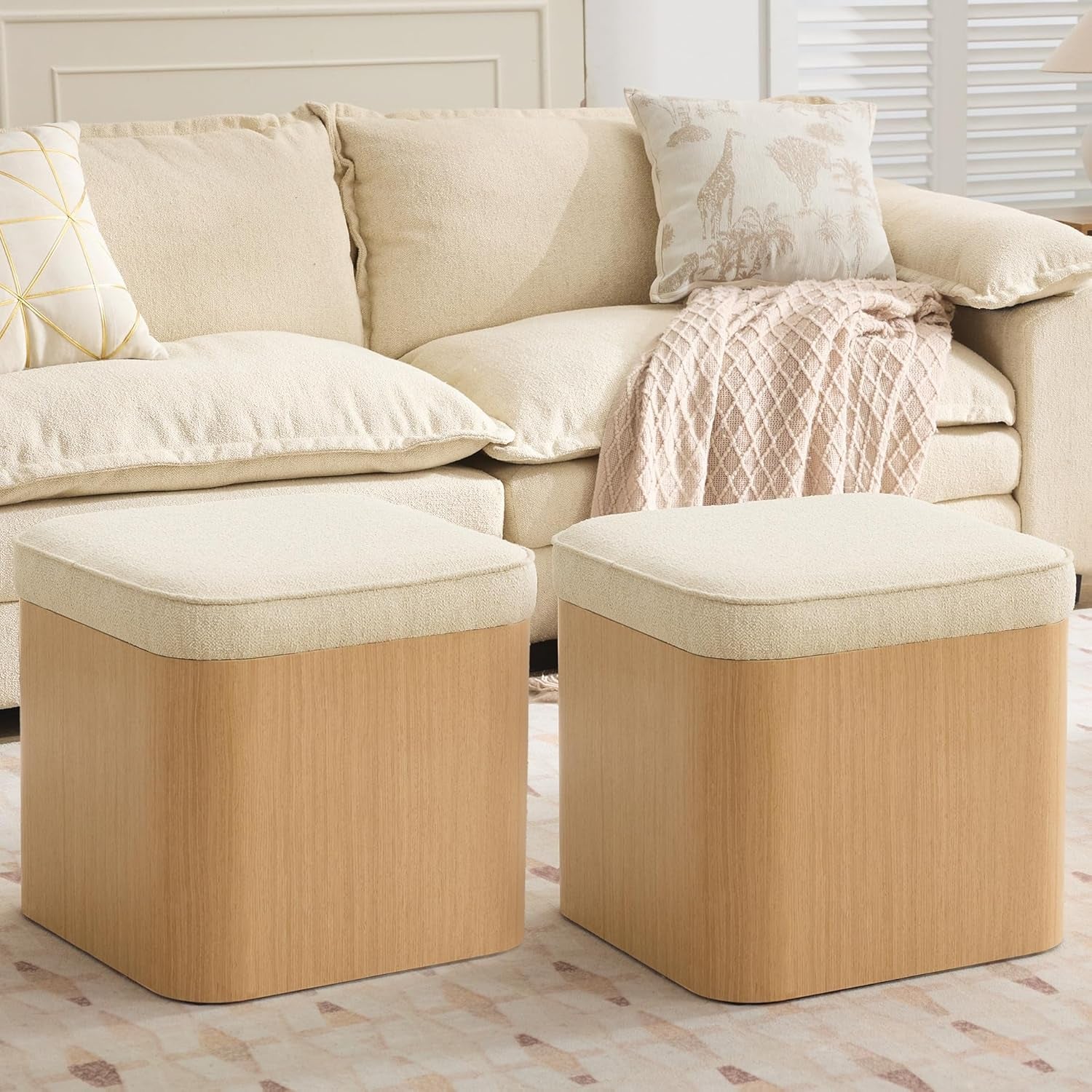 Beige Linen Upholstered Storage Ottoman With Footrest