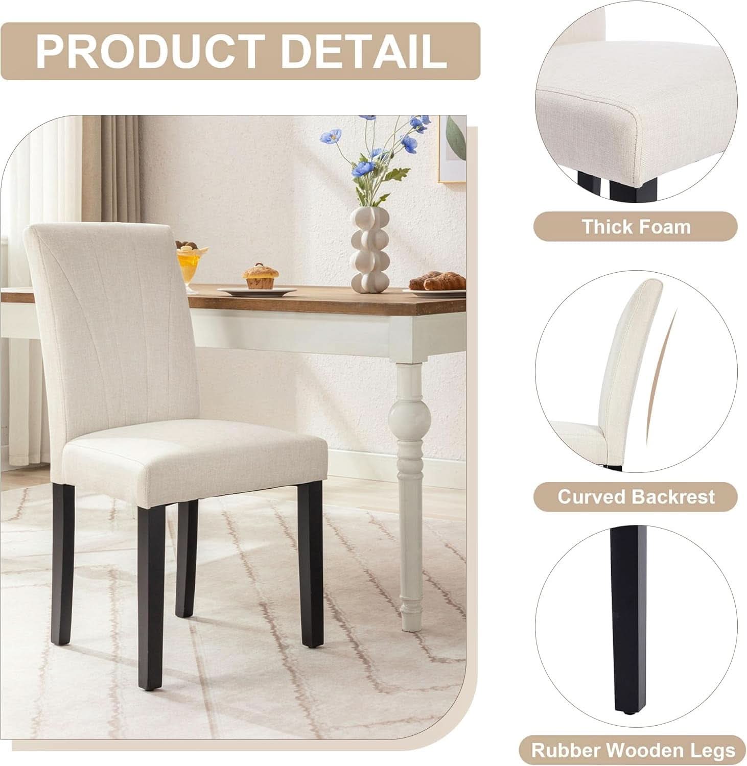 Beige Luxuriously Upholstered Dining Chairs Set Six