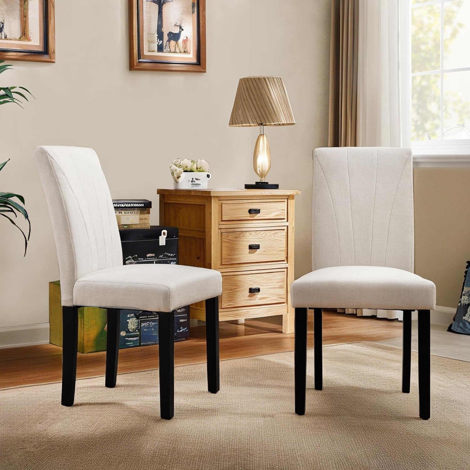 Beige Luxuriously Upholstered Dining Chairs Set Six