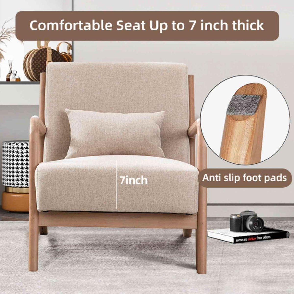 Beige Luxuriously Upholstered Mid Century Modern Chair