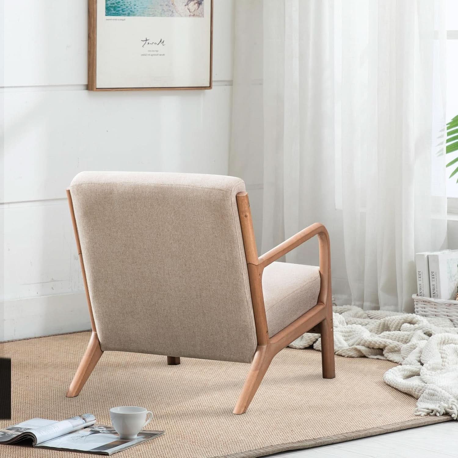 Beige Luxuriously Upholstered Mid Century Modern Chair