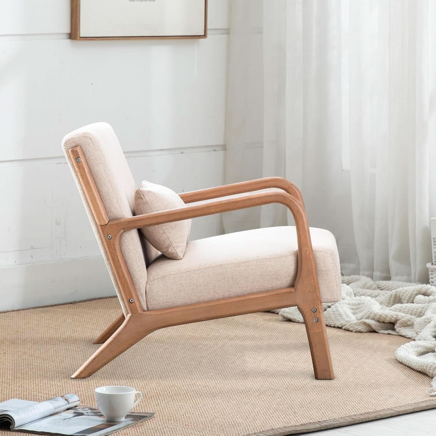 Beige Luxuriously Upholstered Mid Century Modern Chair