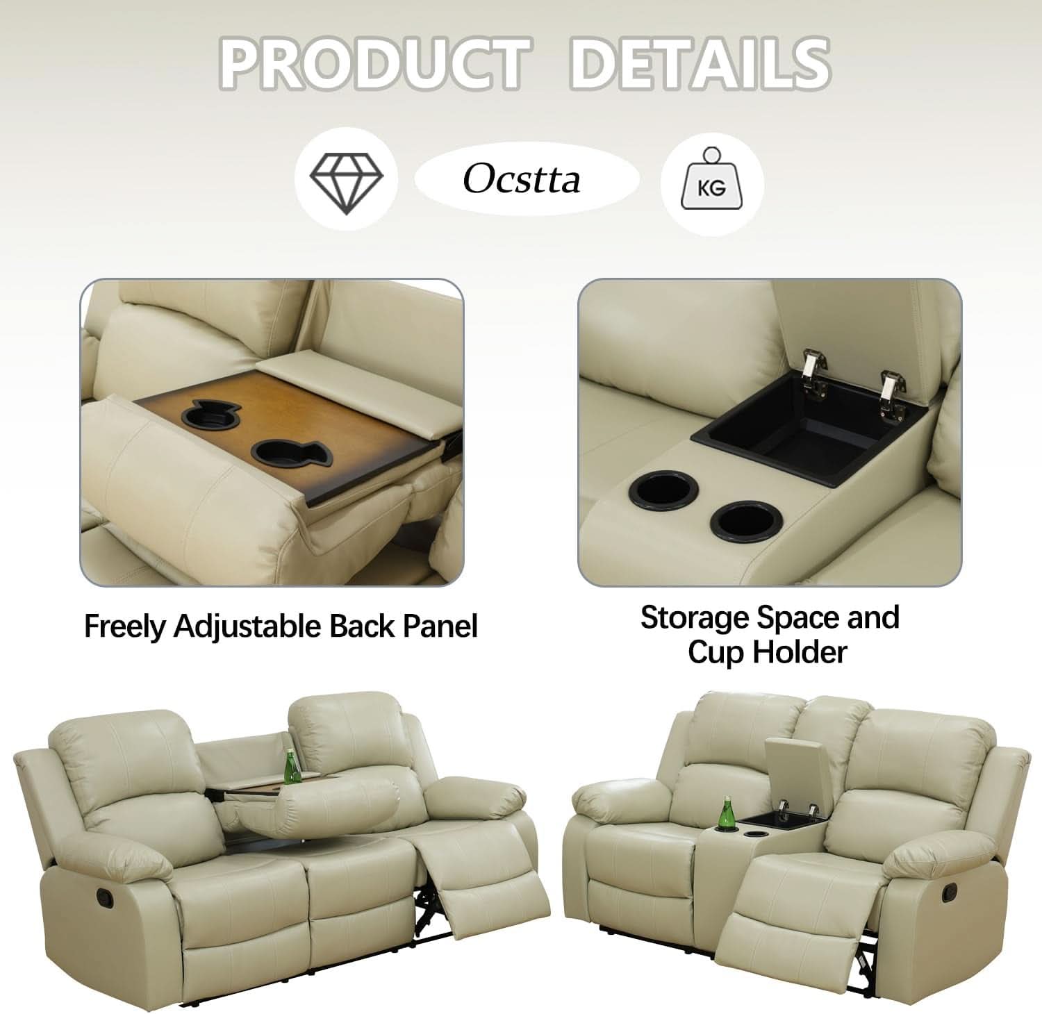 Beige Manual Leather 3 Piece Recliner Sofa Set For Living Room