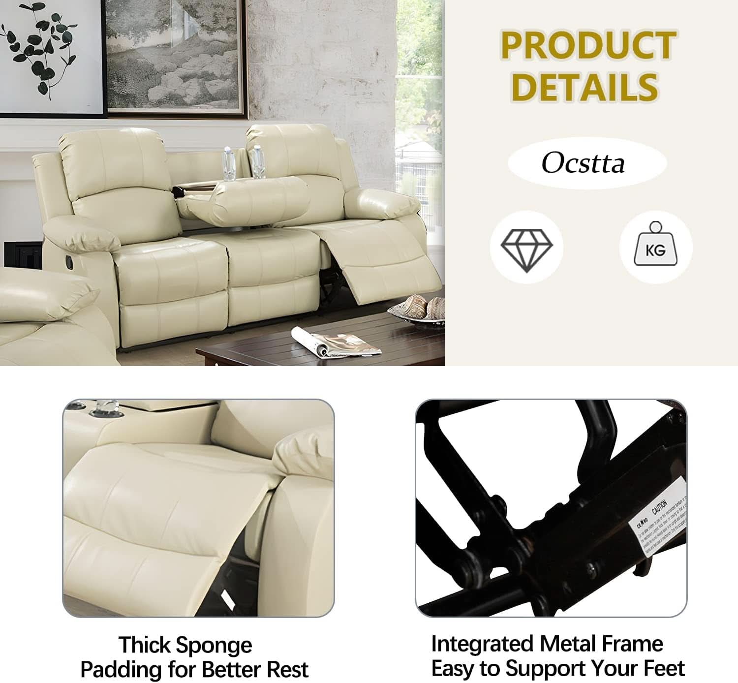 Beige Manual Leather 3 Piece Recliner Sofa Set For Living Room