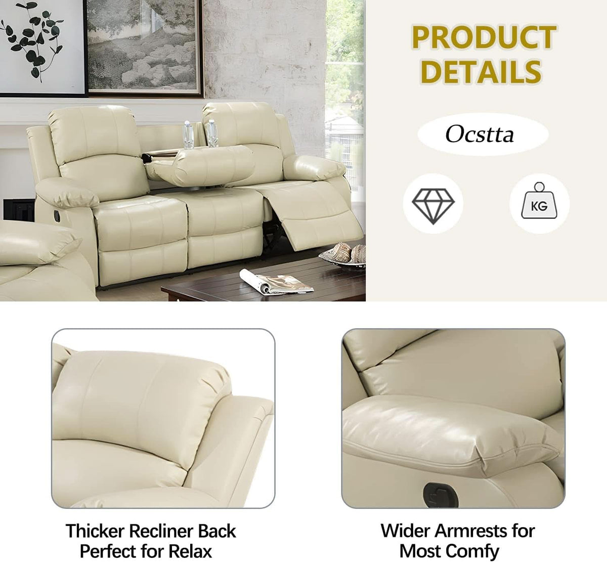 Beige Manual Leather 3 Piece Recliner Sofa Set For Living Room