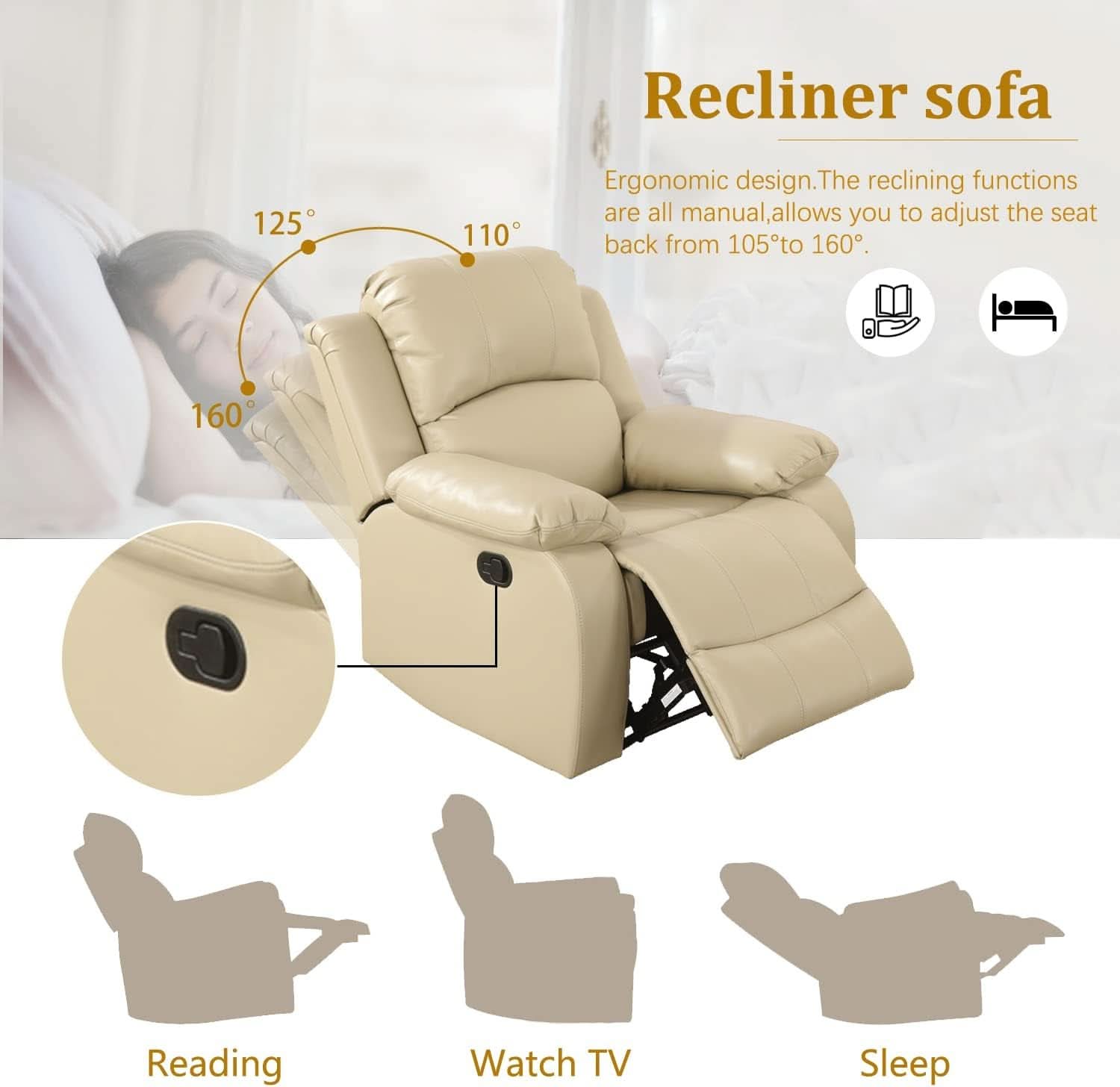 Beige Manual Leather 3 Piece Recliner Sofa Set For Living Room