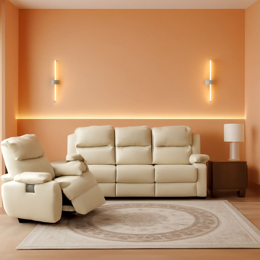 Beige Manual Leather 3 Piece Recliner Sofa Set For Living Room