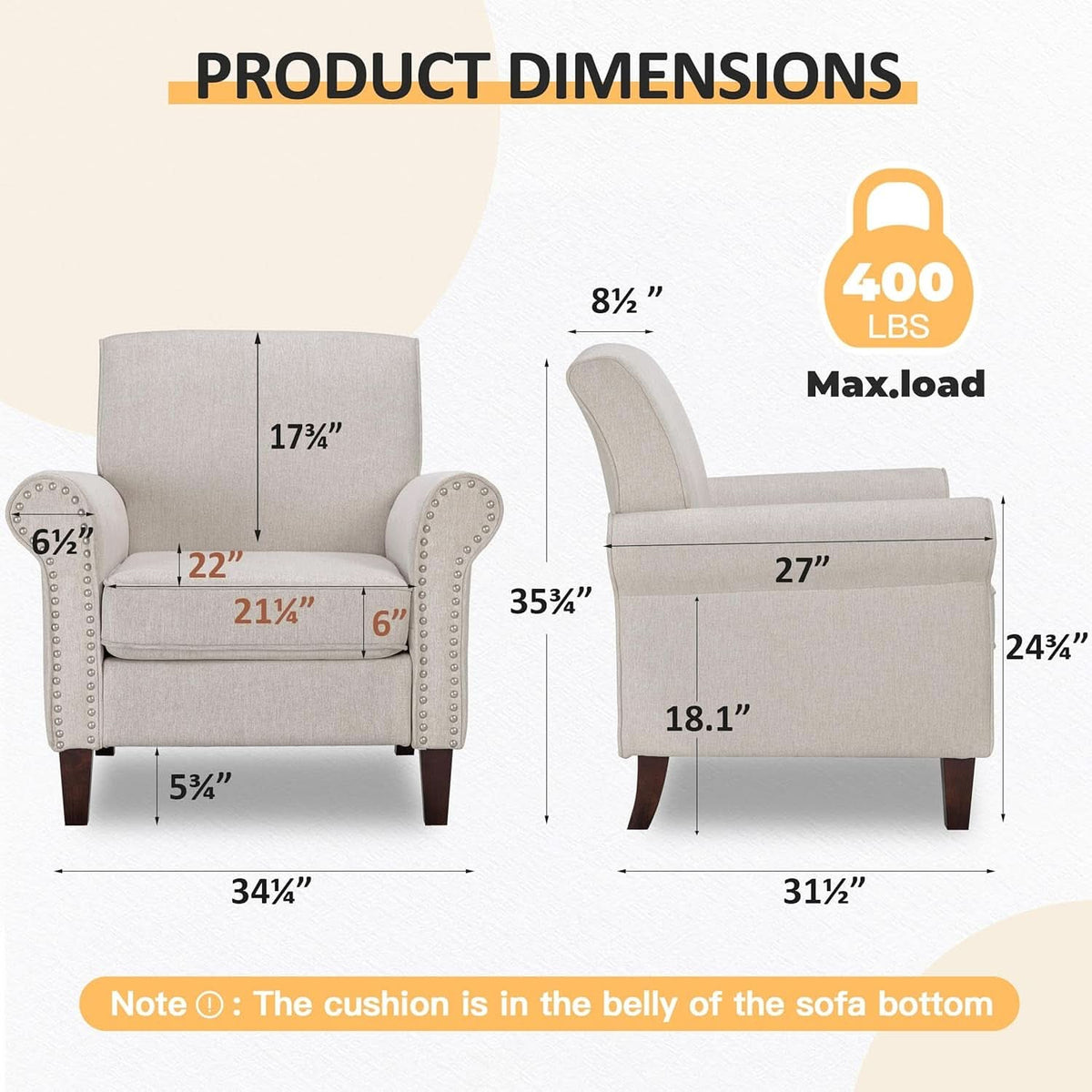Beige Mid Century Modern Accent Chair Nailhead Trim