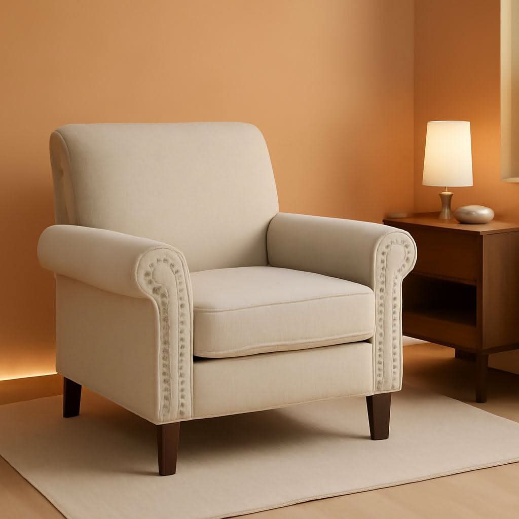 Beige Mid Century Modern Accent Chair Nailhead Trim