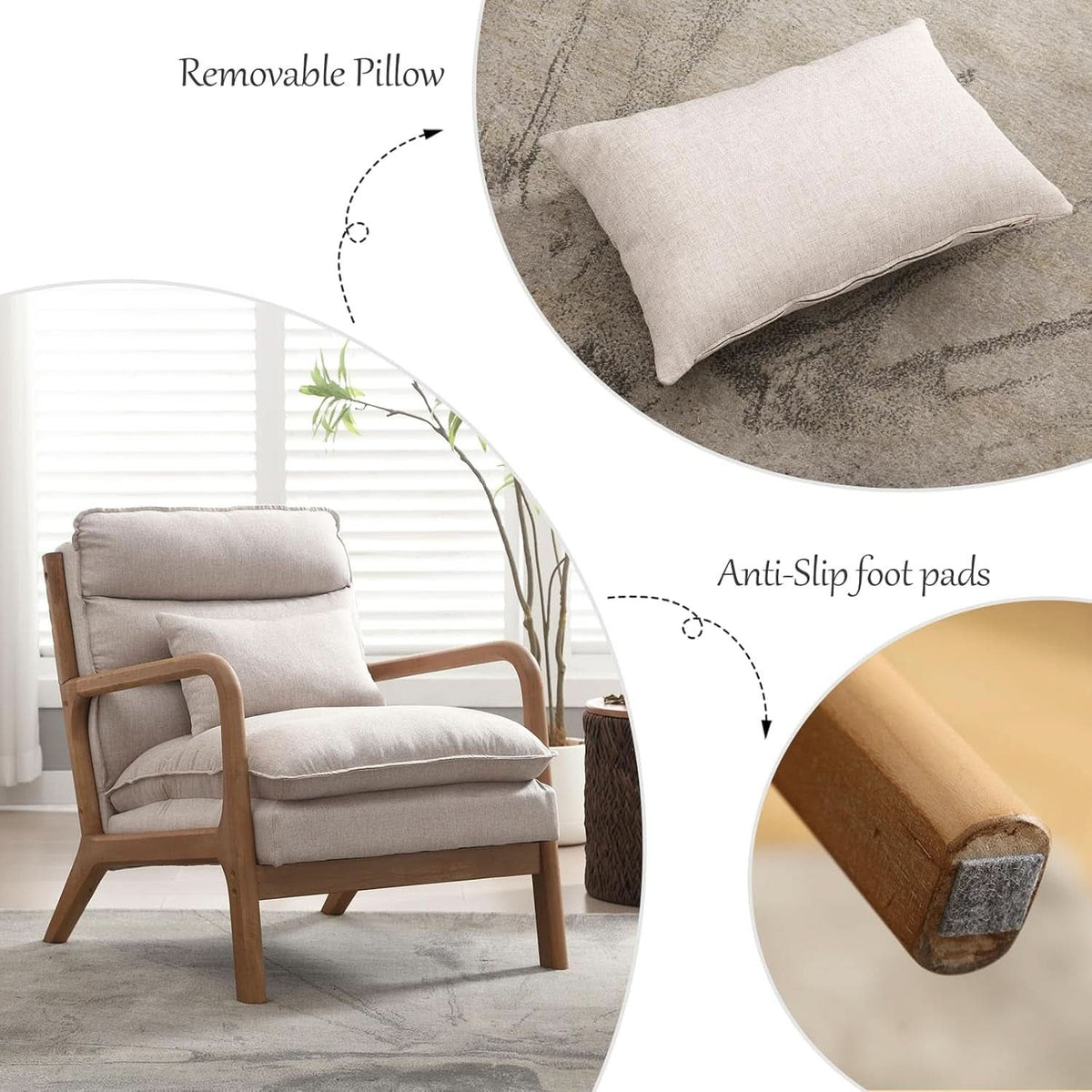 Beige Mid Century Modern Upholstered Accent Armchair