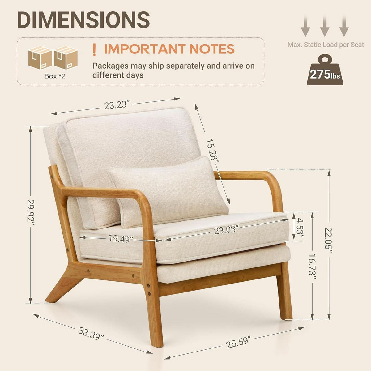Beige Mid Century Modern Upholstered Armchairs Pair