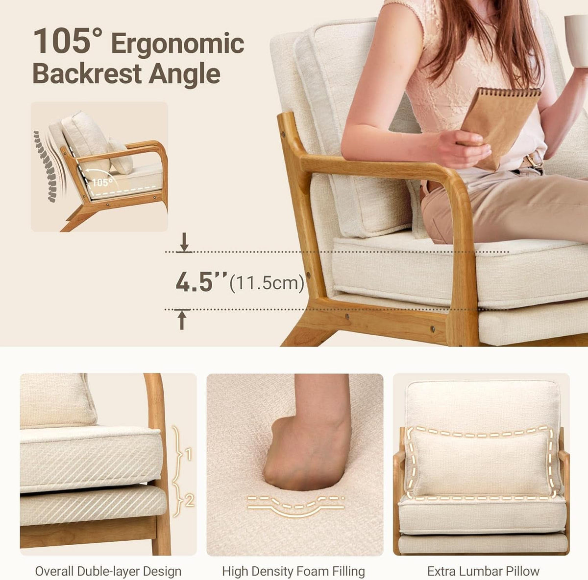 Beige Mid Century Modern Upholstered Armchairs Pair