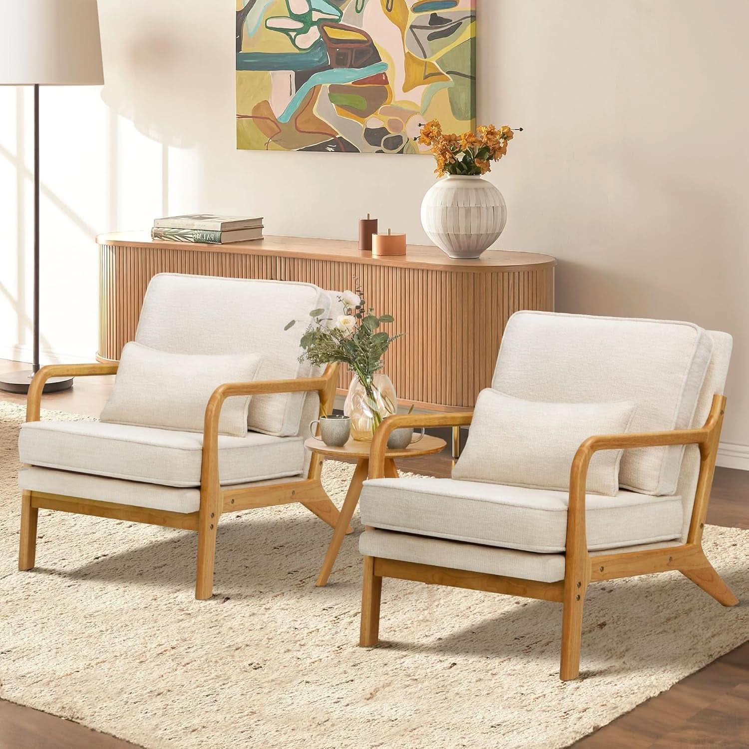 Beige Mid Century Modern Upholstered Armchairs Pair