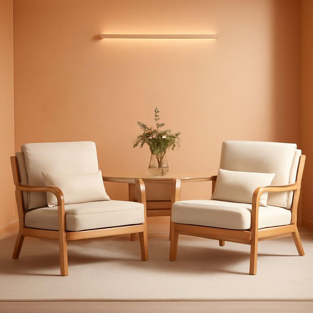 Beige Mid Century Modern Upholstered Armchairs Pair