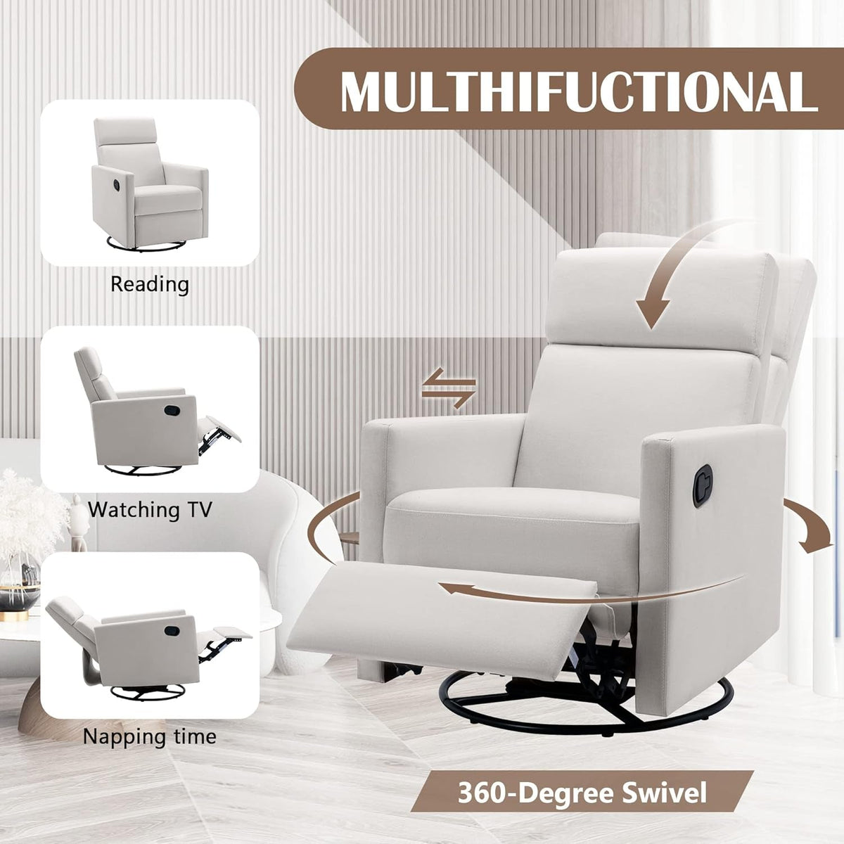 Beige Mid Century Recliner Chair With Thick Cushion